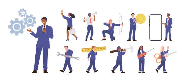 Vector illustration of Businesspeople cartoon characters wearing formal suits working with different tools big set