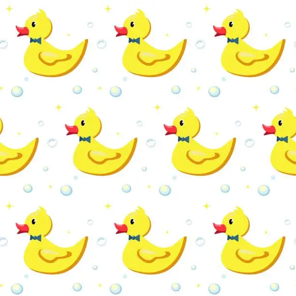 Vector illustration of Vector seamless pattern with cartoon yellow rubber duck. Baby pattern. 
Diaper.