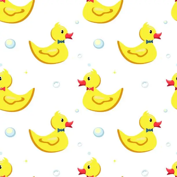 Vector illustration of Vector seamless pattern with cartoon yellow rubber duck. Baby pattern. 
Diaper.