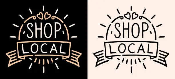 Vector illustration of Shop local lettering badge ribbon logo sign support small business store retro vintage aesthetic vector