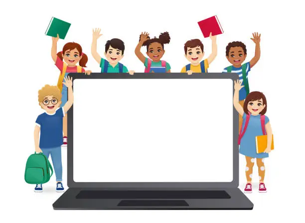 Vector illustration of Online class on computer screen with kids