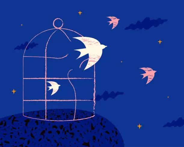 Vector illustration of White birds flying out of a broken cage against a dark sky. A symbol of liberation, emigration, escape from abuse, psychological healing.
