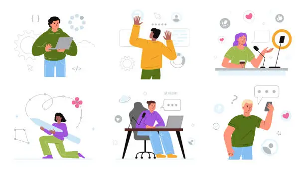 Vector illustration of A set of different freelancers: programmer, streamer, blogger, illustrator, influencer, interface designer. Young people working remotely.