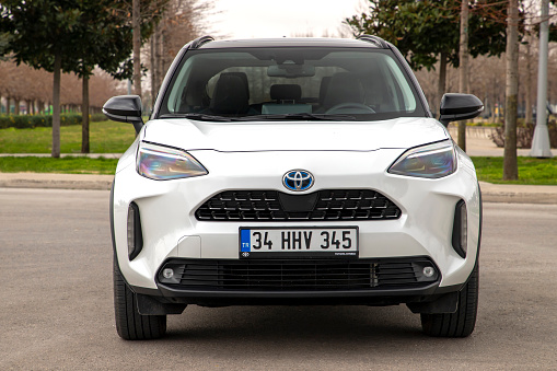 Istanbul, Turkey - February 14 2024 : Toyota Yaris Cross is a hybrid subcompact crossover SUV produced by the Japanese automaker Toyota.