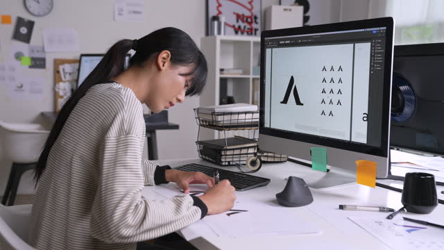Asian Graphic designer working in office. Artist Creative Designer Illustrator Graphic Skill Concept.
