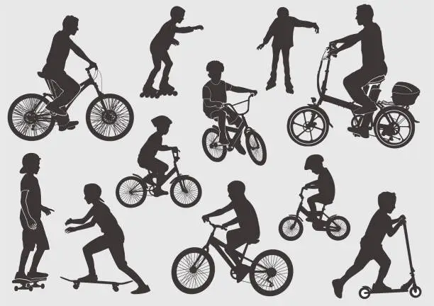 Vector illustration of Silhouette of a bicyclist. Girls on the rollers. A boy on a skateboard. The boy on the scooter