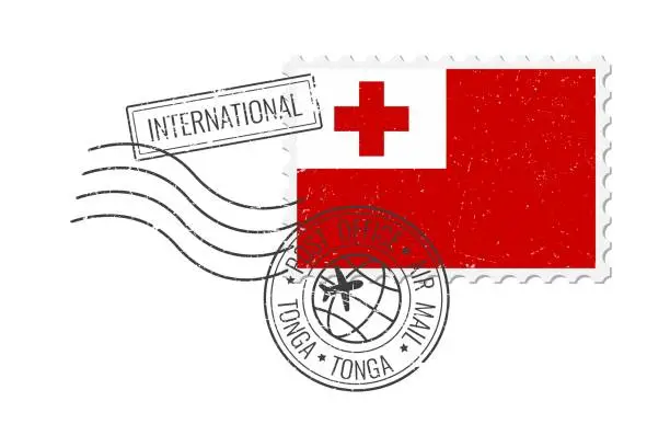 Vector illustration of Tonga grunge postage stamp. Vintage postcard vector illustration with Tongan national flag isolated on white background. Retro style.