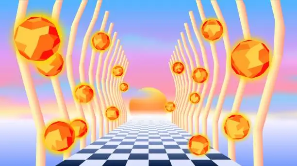 Vector illustration of Vaporwave corridor of pillars with flying 3D donut shapes and sun in 90s style. Abstract surreal retro background for party poster or music cover.