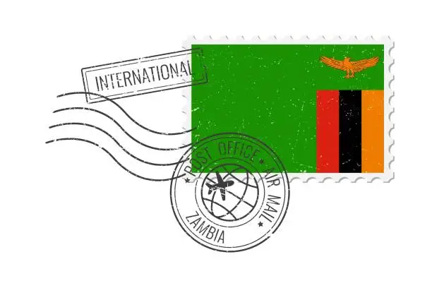 Vector illustration of Zambia grunge postage stamp. Vintage postcard vector illustration with Zambian national flag isolated on white background. Retro style.