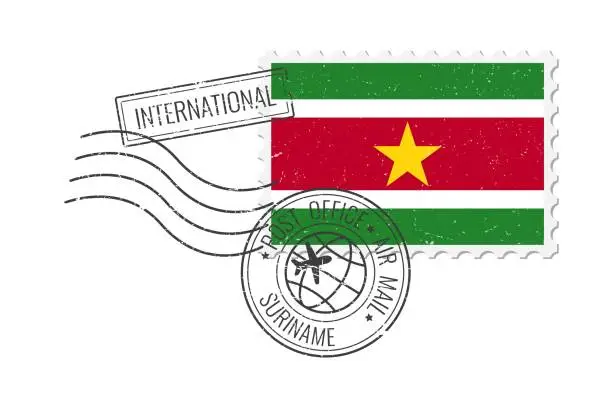 Vector illustration of Suriname grunge postage stamp. Vintage postcard vector illustration with Suriname national flag isolated on white background. Retro style.