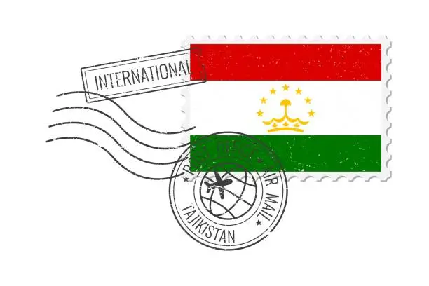 Vector illustration of Tajikistan grunge postage stamp. Vintage postcard vector illustration with national flag of Tajikistan isolated on white background. Retro style.
