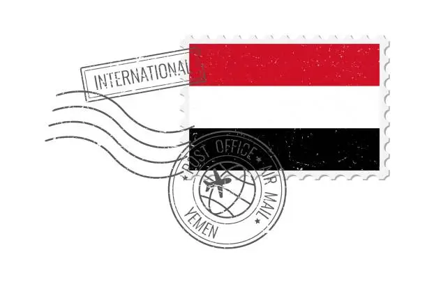 Vector illustration of Yemen grunge postage stamp. Vintage postcard vector illustration with Yemeni national flag isolated on white background. Retro style.