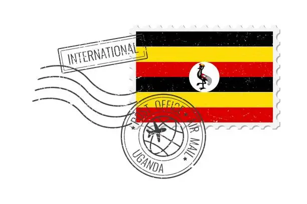 Vector illustration of Uganda grunge postage stamp. Vintage postcard vector illustration with Ugandan national flag isolated on white background. Retro style.