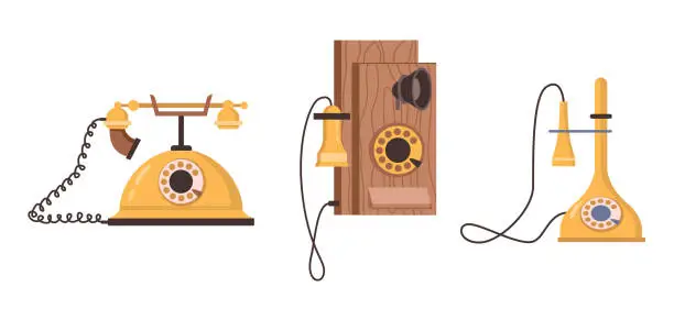 Vector illustration of Rotary dial phones with rotating disk for number input. Vector flat cartoon style, isolated old devices for communication and talk. Wired gadgets of different generations vintage candlestick telephone