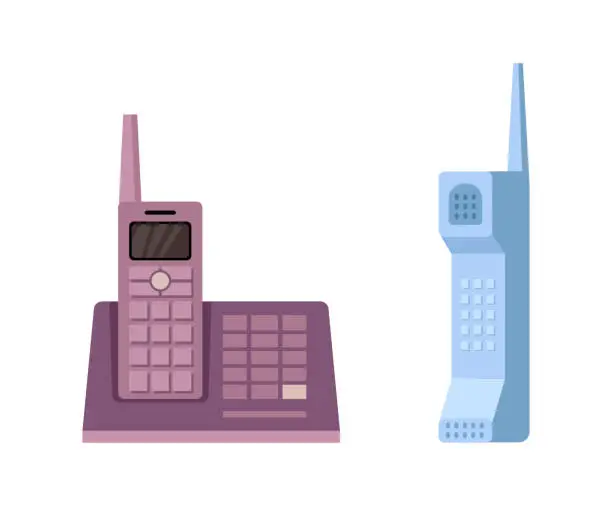 Vector illustration of Phones for office, isolated cordless telephone systems for communication without wires. Vector flat cartoon style, base station with speakers for sound, answering machine for workspaces