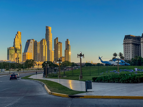 Beautiful aerial footage of Plaza de Mayo, the Casa Rosada Presidents house, The Kirchner Cultural Centre, in Puerto Madero. Buenos Aires, Argentina.