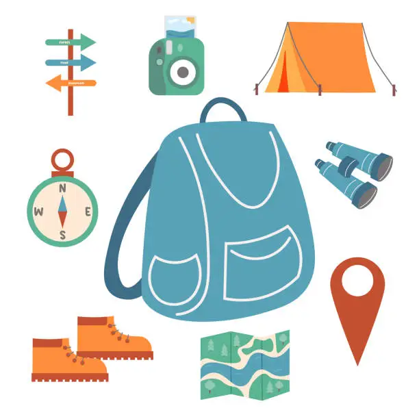 Vector illustration of eco-travel set. camping equipment, ecotourism. vector illustration. camp