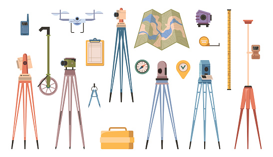 Surveyor or geodesy professional equipment. Vector flat cartoon, isolated map and measuring tape, tools and instrument for specialists. Geodesic tripod and walkie talkie, drone and cameras