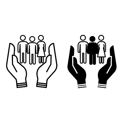 Mankind icons. Black and White Vector Icons. Group of People in Human Hands