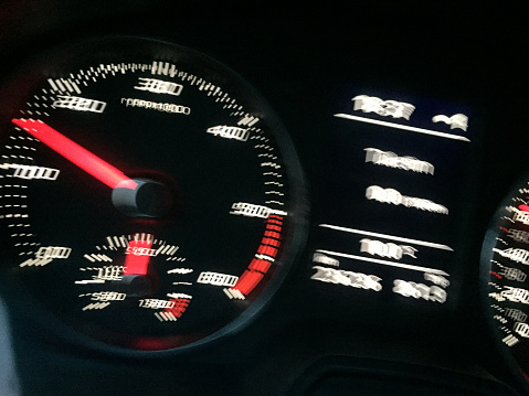 Defocused car speedometer. Dashboard car indicator, speed