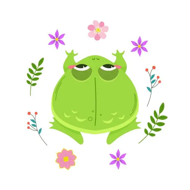 Vector illustration of Cute green frog surrounded by spring flowers. Kawaii character in cartoon style top view. Illustration isolated on white background.