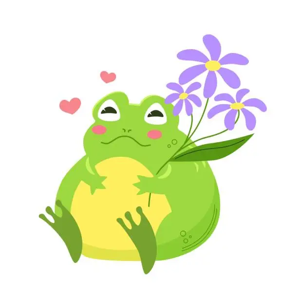Vector illustration of Cute green frog sitting with purple chamomile flower. Kawaii character in cartoon style. Illustration isolated.