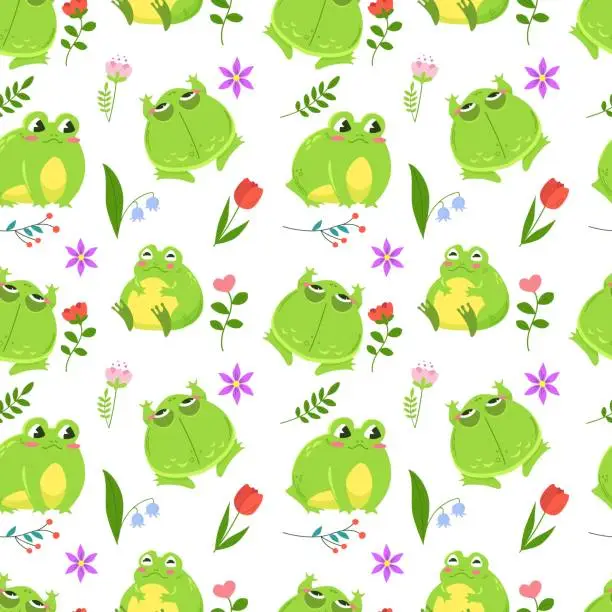 Vector illustration of Seamless pattern of cute green frogs surrounded by spring flowers. Kawaii characters in cartoon style. Pattern wrapper on white background.
