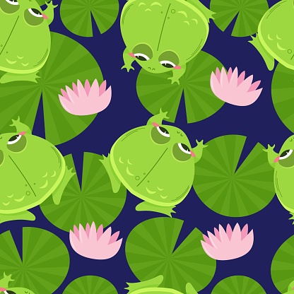 Seamless pattern of cute green frogs surrounded by water lily pads on lake. Kawaii characters in cartoon style. Pattern wrapper.