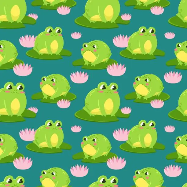 Vector illustration of Seamless pattern of cute green frogs surrounded by water lily pads on lake. Kawaii characters in cartoon style. Pattern wrapper