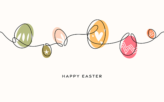 Easter card with colored Easter eggs seamless pattern garland. Hand drawn doodle style Easter eggs and vector line art Easter greeting card.