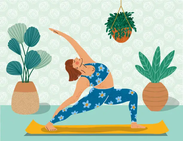 Vector illustration of A Woman Doing Yoga In Her Home