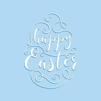 Easter card with Easter egg lettering text shape on pastel blue background. Easter egg typography text with swashes for Easter card, poster or invitation.