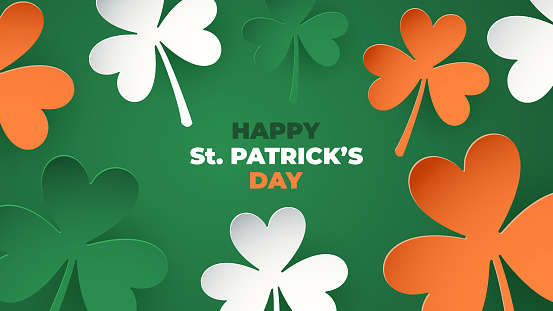 Happy St. Patrick's Day festive banner with shamrocks for Patrick's Day holiday greetings and invitations. Ireland's national holiday. Vector illustration.