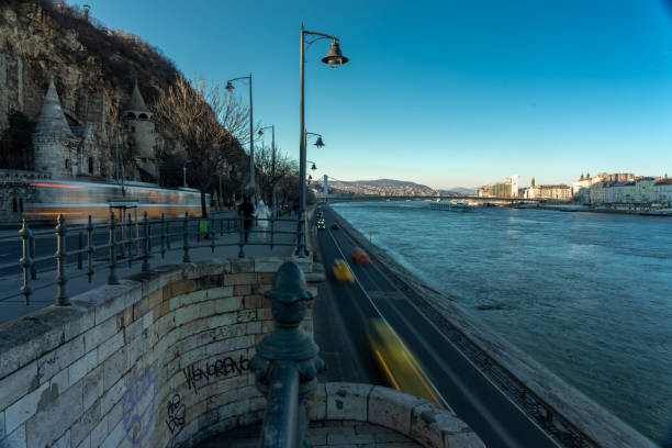 Budapest, Hungary - January 20, 2024: Panoramic view to the Danube river and Margaret bridge.