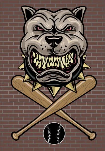 Vector illustration of Angry Pitbull head and baseball bats