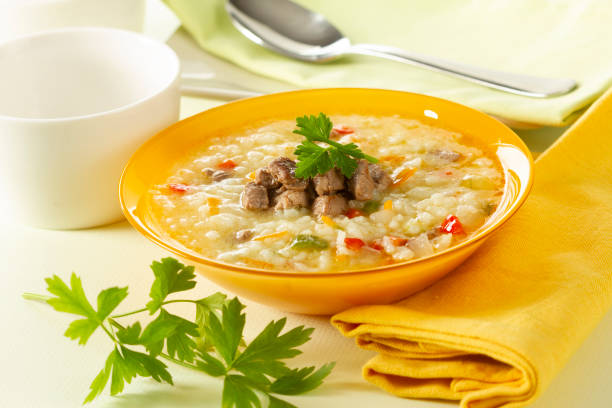 Rice soup with sirloin stock photo