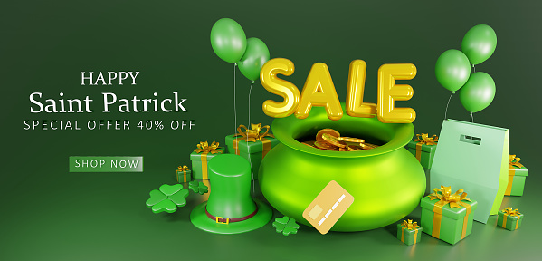 t. Patrick's Day Sale Design, with Green Clover and Typography Letter on Green Background. 3d Irish Lucky Holiday Design Template for Coupon, Banner, Voucher or Promotional Poster.