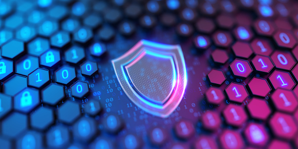 Futuristic digital background. Hexagon shell with binary code and glowing shield. Protection against hacker attacks and data breach.  Safe your data. Internet security and privacy concept. 3d illustration