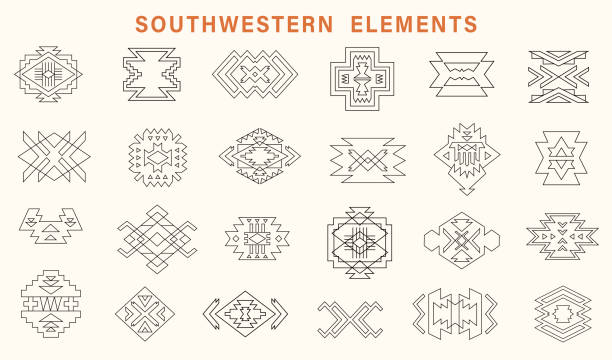 ilustraciones, imágenes clip art, dibujos animados e iconos de stock de outline tribal southwestern shapes. aztec element navajo decorative elements symbols collection. - southwest usa frame mexican culture pattern