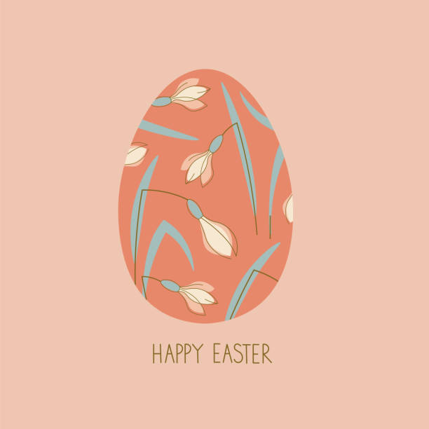 easter card background with modern easter egg snowdrops flowers hand drawn flat vector illustration, design festive border frame for greeting card ,banner, flyer, poster, wrapping, template, paper - 動畫 幅插畫檔、美工圖案、卡通及圖標