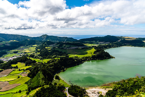 Geothermal fields near Furnas. Lake of 7 cities or lagoa das sete cidades is a volcanic lake in Sao Miguel island in the AzoresGeothermal fields near Furnas lake