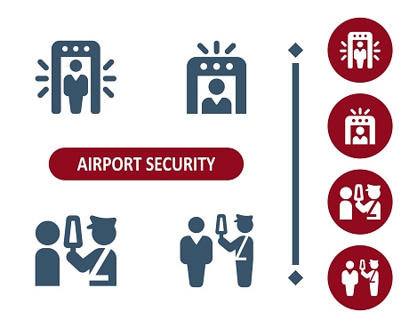Airport Security Icons. Travel, Tourist, Traveler, Checkpoint, Security Guard, Metal Detector Gate Icon. Professional, 32x32 pixel perfect vector icon.