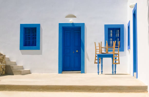 Typical blue and white house in Greece, horizontal