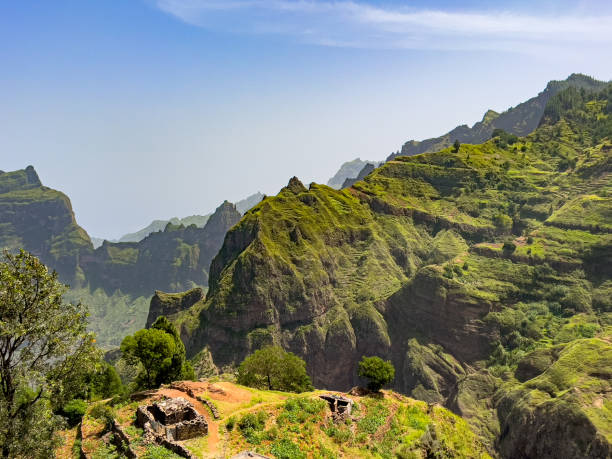 A small flat area with a cattle pen among the steep volcanic mountains