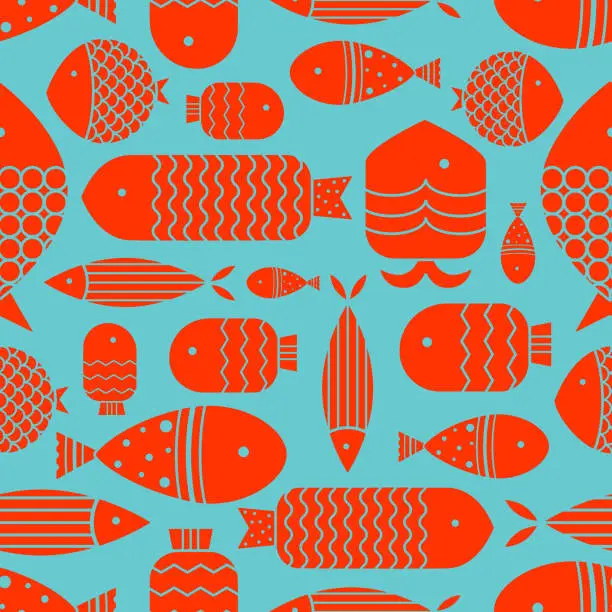 Vector illustration of Japanese fish. Sea background. Seamless pattern.