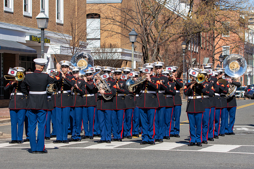 Alexandria, Virginia - February 21, 2022 - The Quantico Marine Corps Band performs at annual George Washington Birthday Parade in Old Town Alexandria.