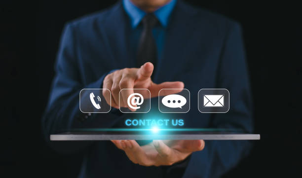 istock Contact us banner background concept. Customer work page support, business web technology icon service connect people, email, address, live chat message and call phone. Company website info network 2022987560