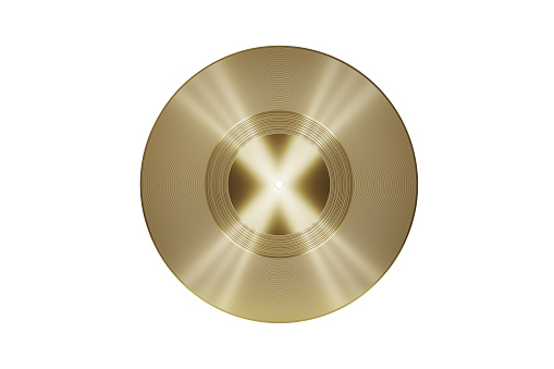Gold vinyl record over white background. Horizontal composition with copy space. Vintage music concept.