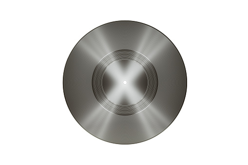 Silver vinyl record over white background. Horizontal composition with copy space. Vintage music concept.