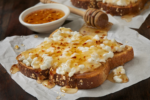 Trending  Cottage Cheese Toast with Hot Honey on Whole Grain Bread